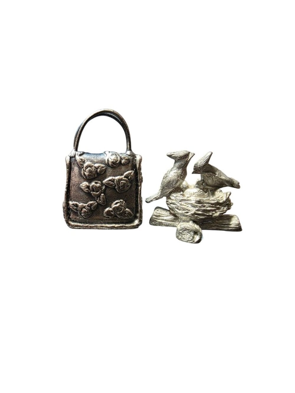Vintage Pewter Miniature Bag Purse & Birds in a Nest Figurines